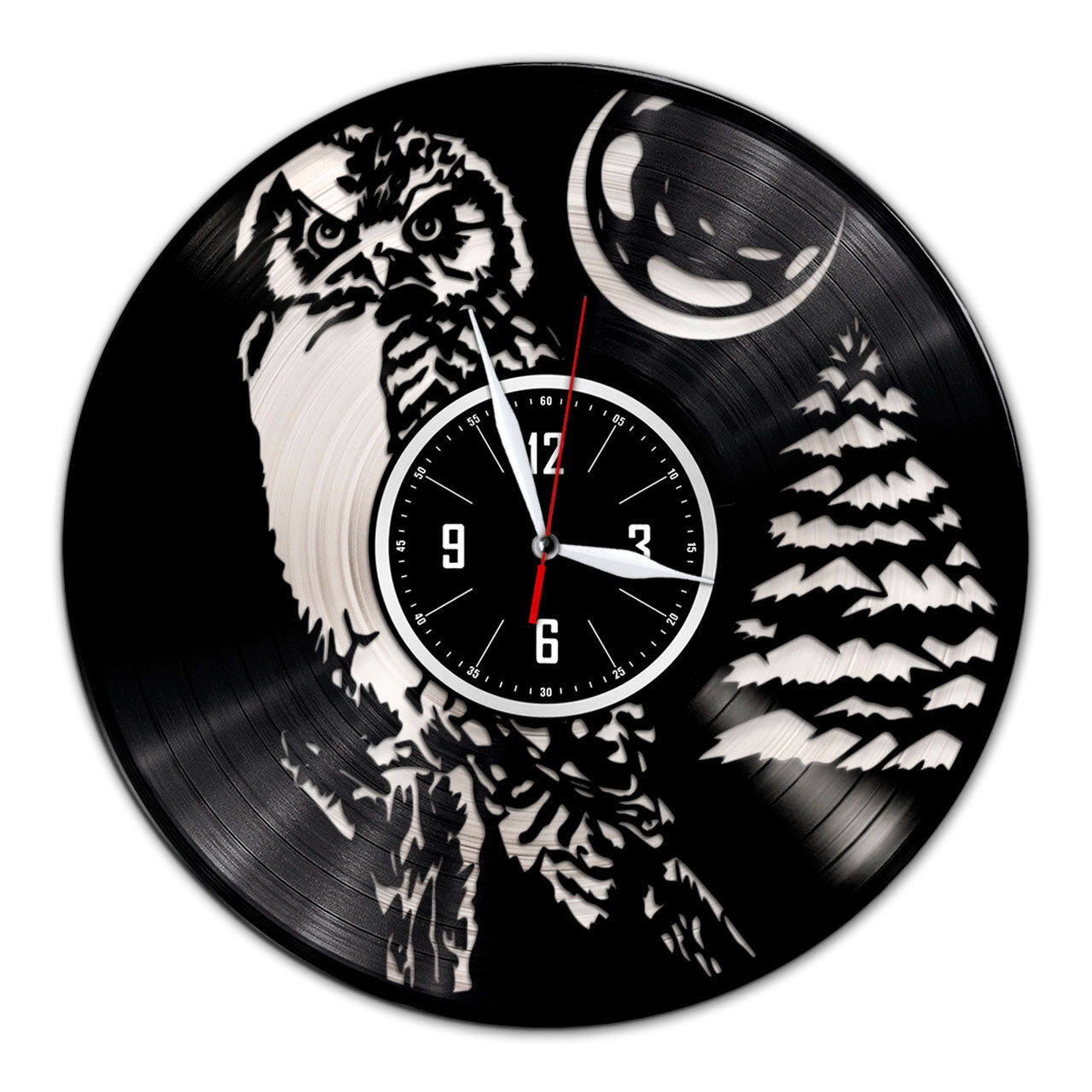 Сова #3 - настенные часы из виниловой пластинки (с серебряной подложкой)