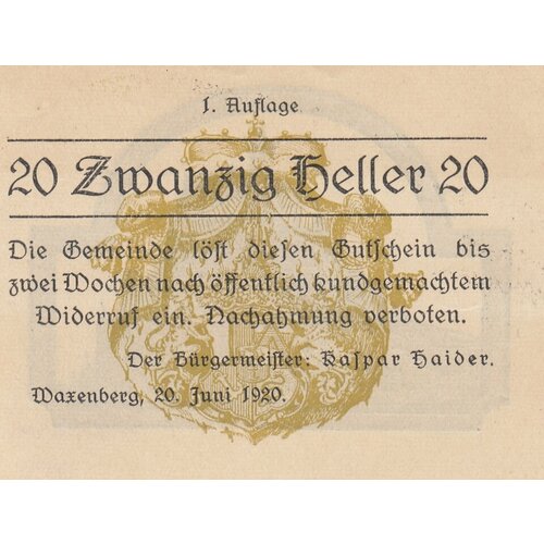 Австрия, Ваксенберг 20 геллеров 1920 г. (№1)