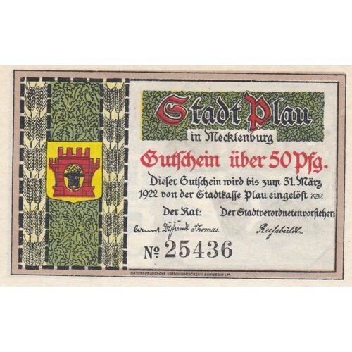 Германия (Веймарская Республика) Плау-ин-Мекленбург 50 пфеннигов 1922 г.