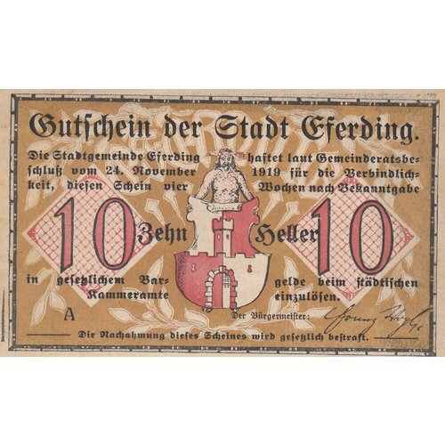Австрия, Эфердинг 10 геллеров 1919 г. (A) австрия эфердинг 20 геллеров 1919 г a