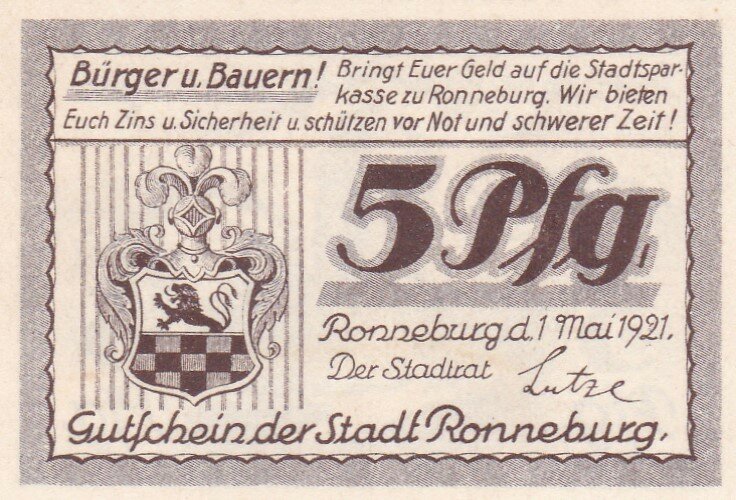 Германия (Веймарская Республика) Роннебург 5 пфеннигов 1921 г.