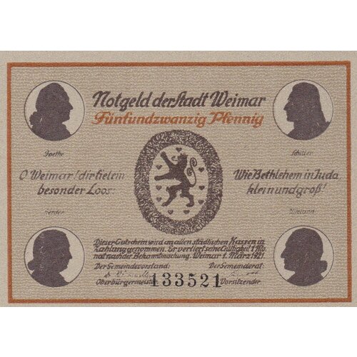 Германия (Веймарская Республика) Веймар 25 пфеннигов 1921 г. (№4) (2) банкнота нотгельды германия 25 пфеннигов 1921 год серия веймар купюра бона
