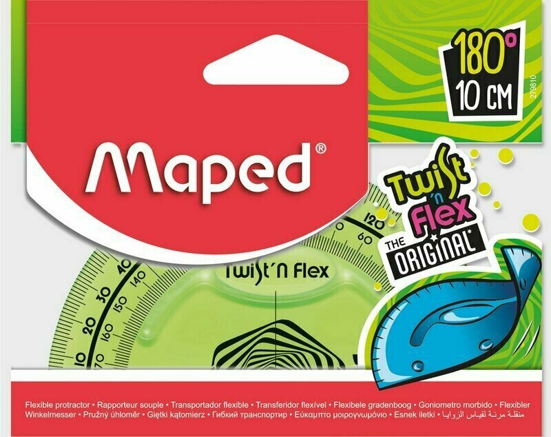 Транспортир MAPED TWIST N FLEX 180 градусов, основание 10 см, ассорти, блистер