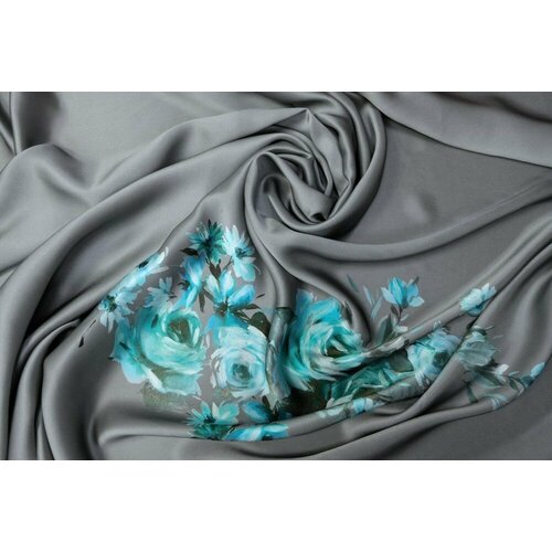 Ткань атлас серый с голубыми цветами