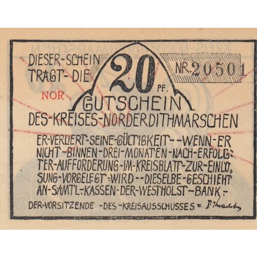 Германия (Веймарская Республика) Нордердитмаршен 20 пфеннигов 1921 г. (NOR)