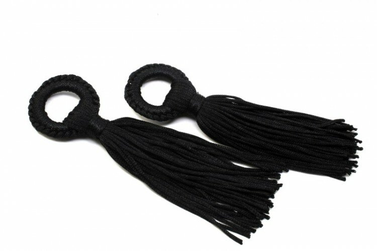 Кисточки декоративные около 100х8х25мм, отверстие 14мм, цвет черный, полиэстер, 58-026, 1 пара