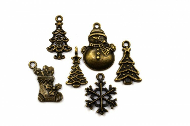 Подвеска Новый год микс 15-30х5-23х1,5-5 мм, отверстие 2-3мм, цвет античная бронза, сплав металлов, 22-313, 10г (около 5-8шт)