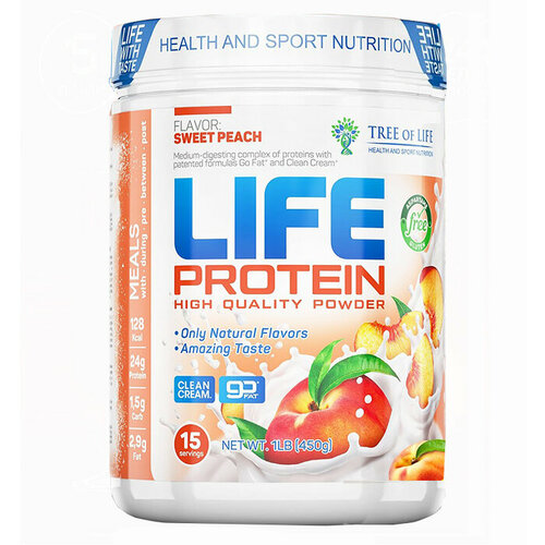 LIFE Protein 450 gr, 15 порции(й), персик life casein 450 gr 15 порции й малина