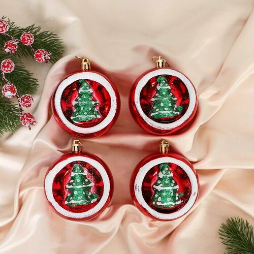 Ёлочные игрушки, шары новогодние , пластик, 6х7 см, набор 4 шт "Сказочный лес" красно-зелёный красный