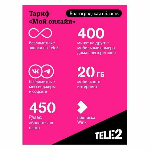 SIM-карта TELE2 Мой онлайн, Волгоград, с тарифным планом sim карта для модемов и роутеров тарифный план 35гб за 390₽ в месяц