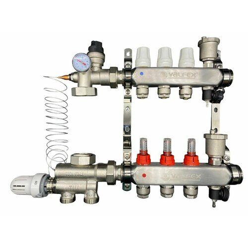 Комплект для водяного теплого пола (без насоса) до 50 м2, коллекторная группа на 3 контура VALFEX комплект для водяного теплого пола без насоса до 80 м2 коллекторная группа на 5 контуров valfex