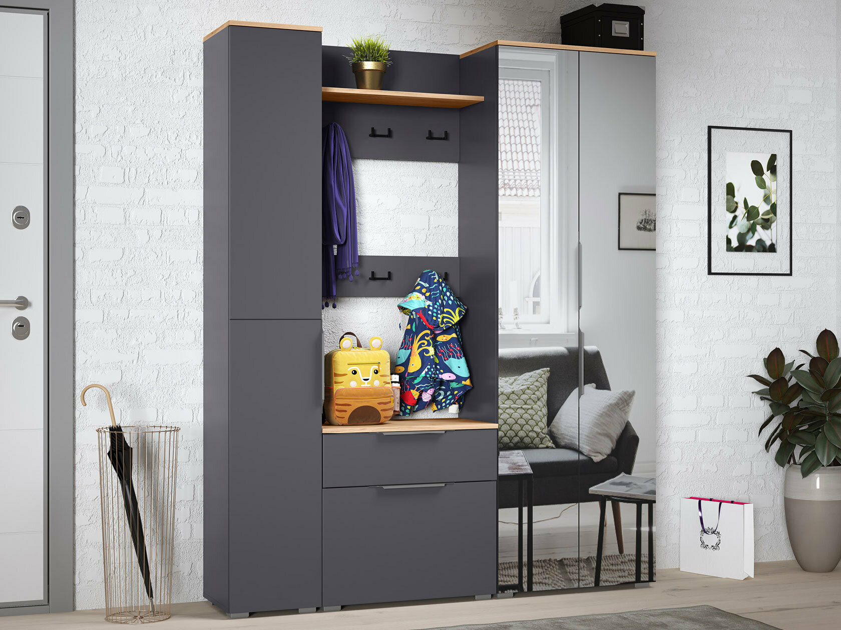 фото Прихожая Моби Октава Серый графит / Дуб Крафт золотой