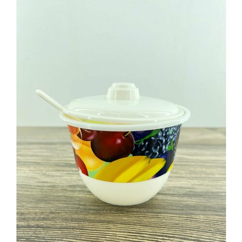 Сахарница пластиковая с ложкой Фрукты белая 182₽