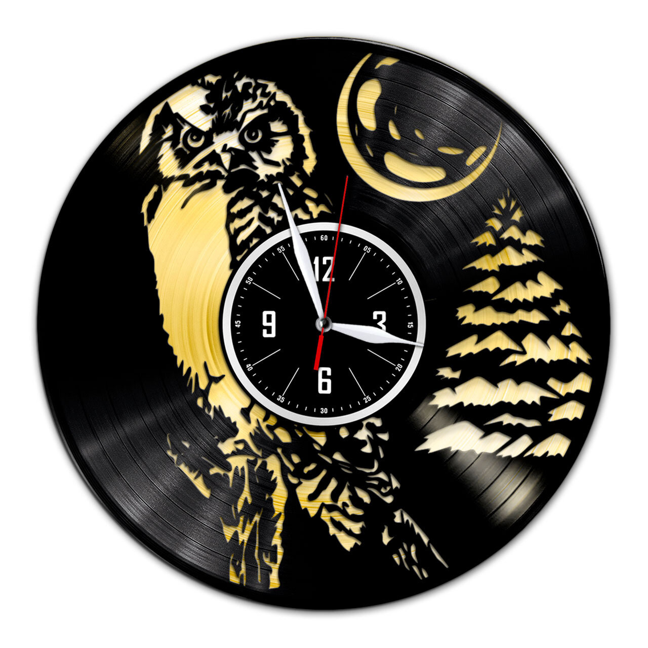 Сова #3 - настенные часы из виниловой пластинки (с золотой подложкой)