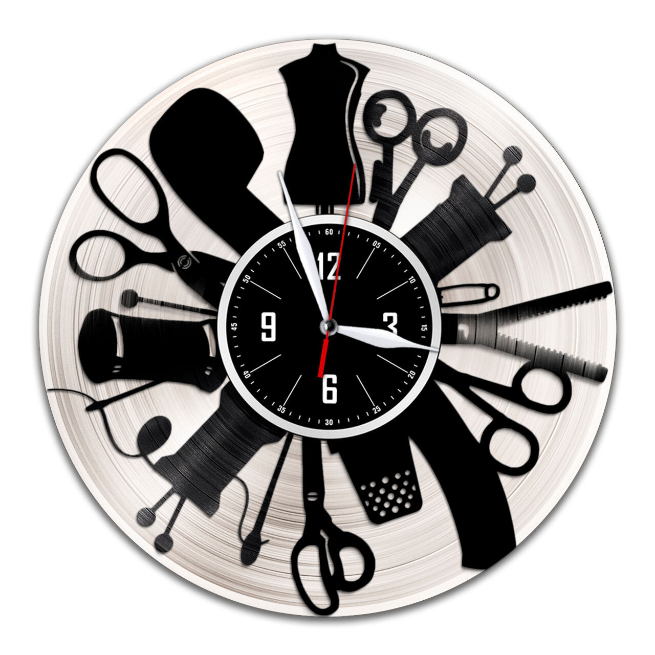 Портной - настенные часы из виниловой пластинки (с серебряной подложкой)