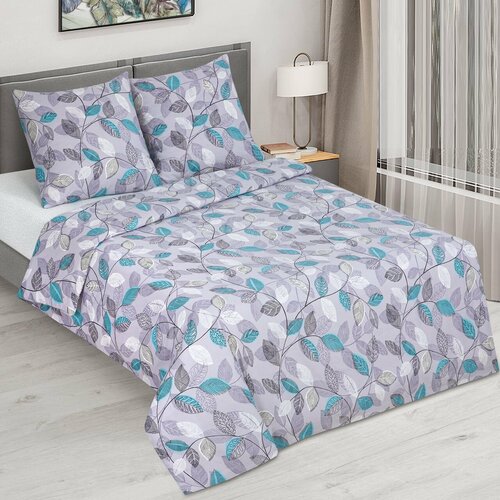 Постельное Белье 2-спальное с простыней На резинке (160х200х20) "Серебряные листья арт. 531" белый, серый, зеленый, размер 2, спальный
