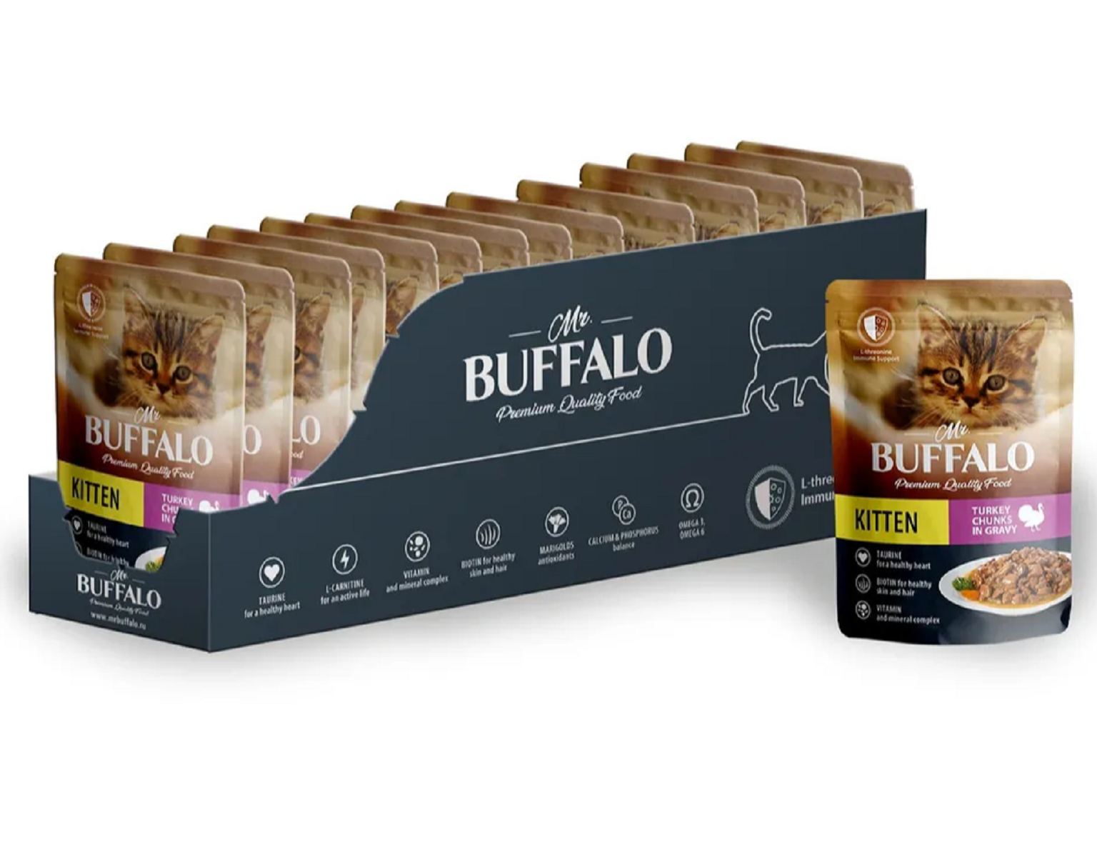 Mr.Buffalo KITTEN влажный корм для котят Индейка на пару в соусе 85г(28 штук)