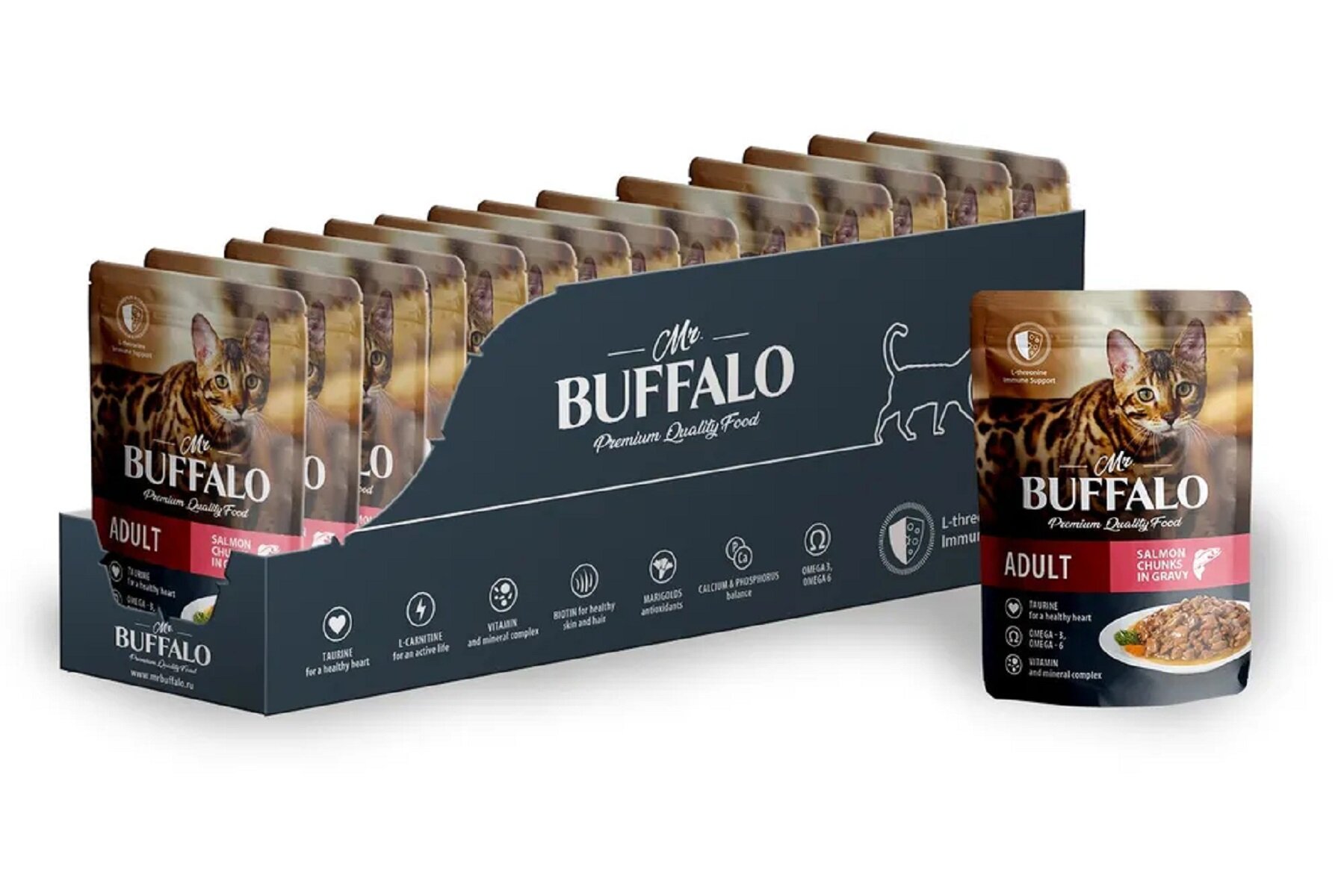 Mr.Buffalo ADULT влажный корм для кошек с чувствительной кожей Лосось в соусе 85г(28 штук)