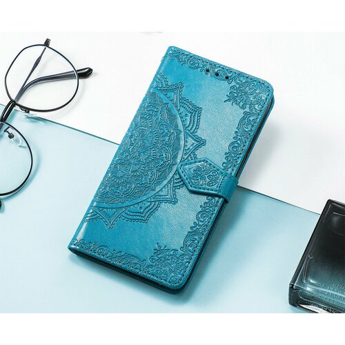Чехол-книжка MyPads «Modelli Misteriosi» для Samsung Galaxy A34 из эко-кожи с тиснением с красивыми загадочными узорами бирюзовый