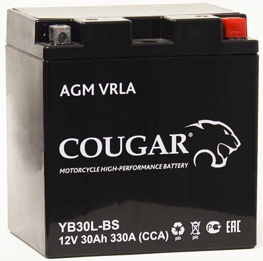 Аккумулятор для мотоцикла и скутера Cougar AGM VRLA 12V 30 А/ч 330 А обр. пол. залит/заряжен YB30L-BS, YB30L-B, YTX30HL-BS (166х126х176)