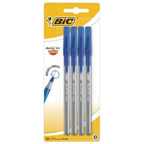 Ручки шариковые с грипом BIC Round Stic Exact набор 4 синие линия письма 0 28 мм блистер, 5 шт