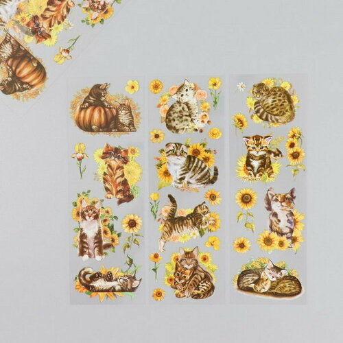 Наклейки для творчества Полосатые котики и жёлтые цветы набор 6 листов 18х6 см