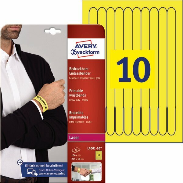 Самоклеящиеся браслеты Avery Zweckform [L4001-10] (желтые, 265х18 мм, 100шт, 10 листов)