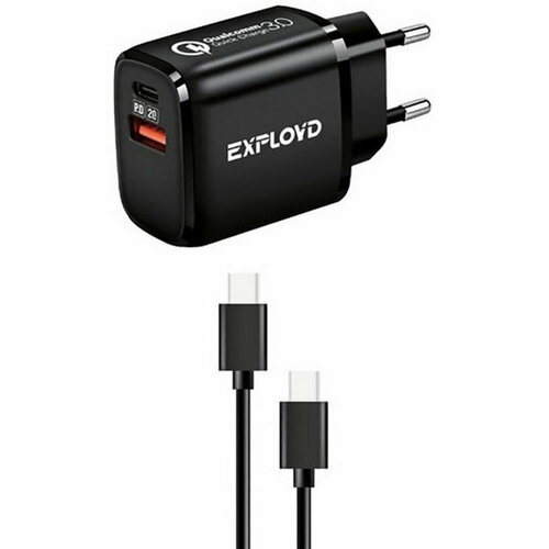 Сетевое зарядное устройство EX-Z-1340, USB-С/USB, 3 А, 20 Вт, кабель Type-C, черное черный, черный