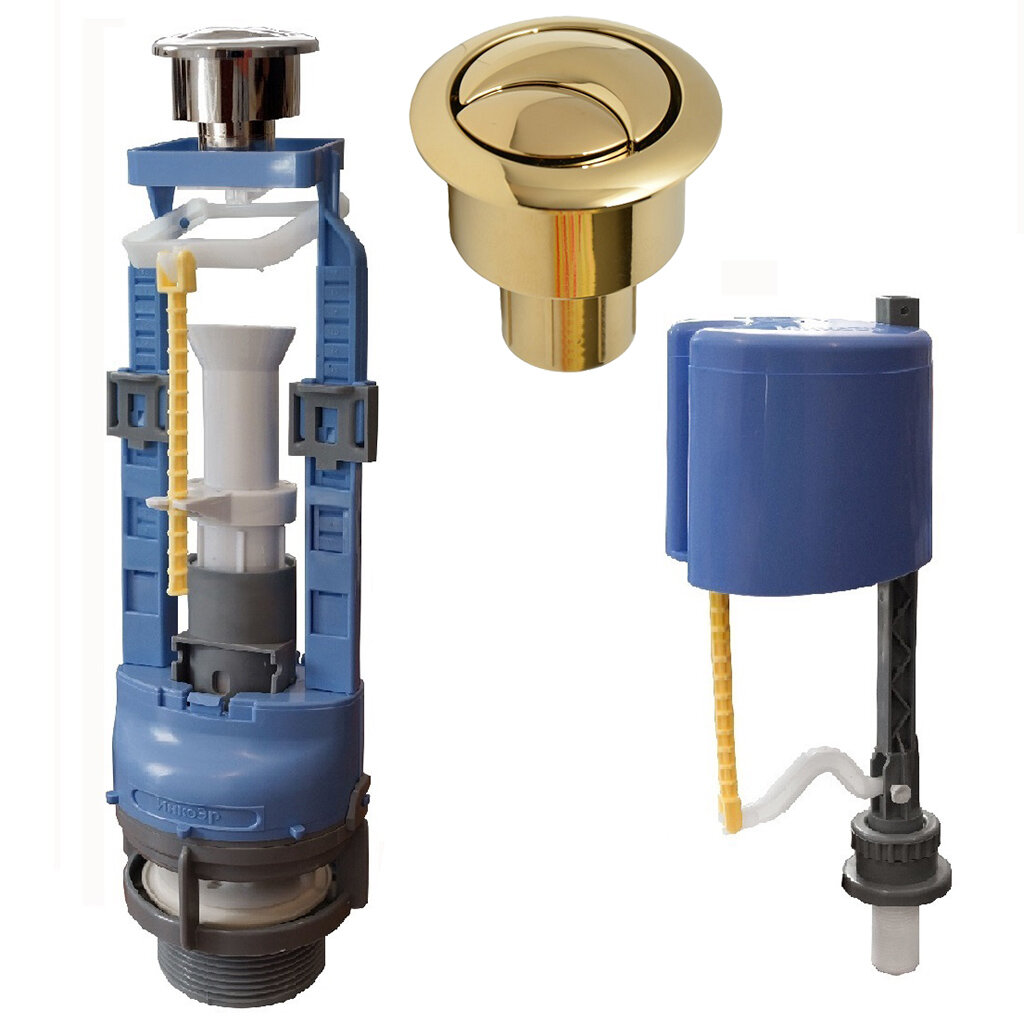 фото Арматура для бачка унитаза нижняя, 1/2", двухрежимная, кнопочная, золотая, Инкоэр, СБ2-НпрНРФ-ЗЗ-ККрпс DI Р