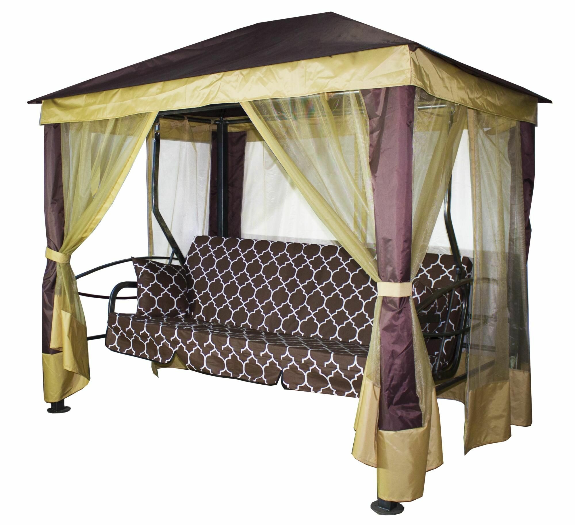фото Качели-шатер 4-х местные Мебельторг Монреаль Премиум Каркас коричневый/Коричневый рис. горошек