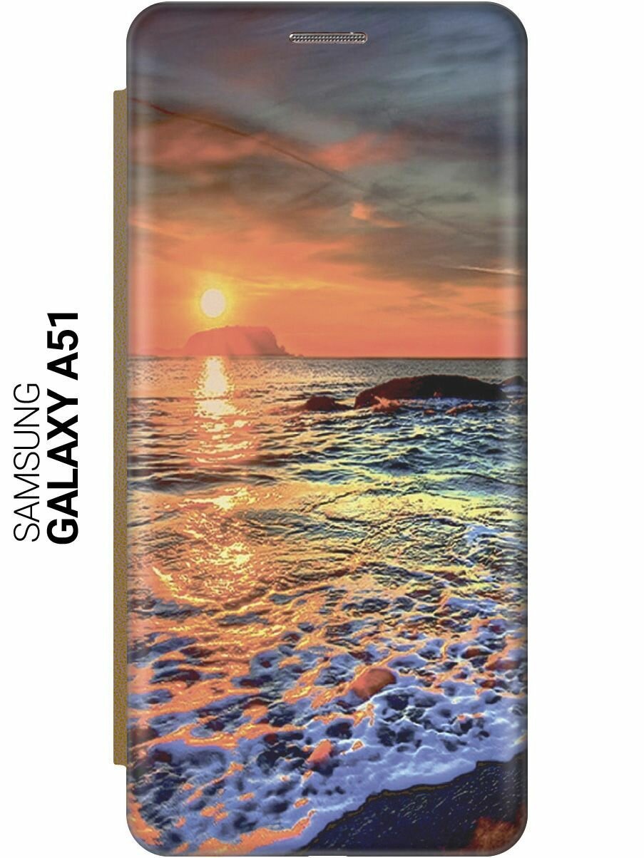 Чехол-книжка на Samsung Galaxy A51, Самсунг А51 c принтом "Закат на море" золотистый