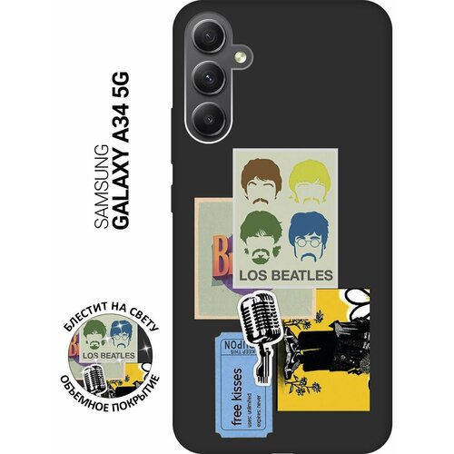 Матовый Soft Touch силиконовый чехол на Samsung Galaxy A34 5G, Самсунг А34 с 3D принтом Beatles Stickers черный матовый soft touch силиконовый чехол на samsung galaxy a34 5g самсунг а34 с 3d принтом stormtrooper stickers черный