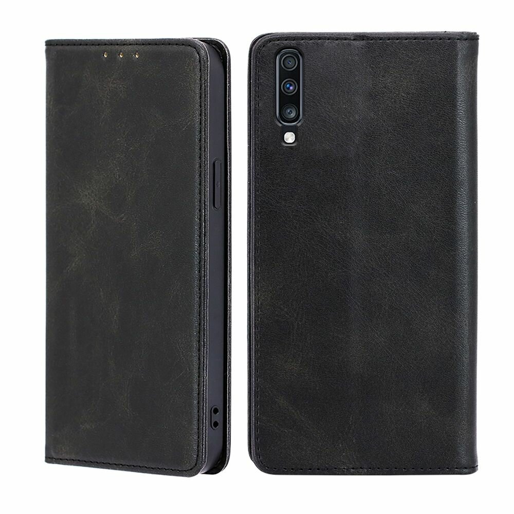 Чехол-книжка MyPads для Samsung Galaxy A70 (SM-A705F) / Самсунг А70, Телячья кожа, закрывающаяся на магнит, черный