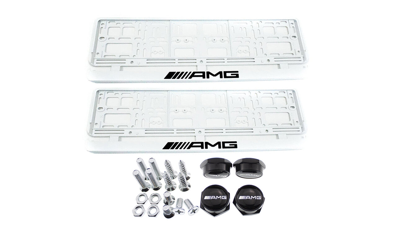 Комплект: пластиковая рамка для гос. номера AMG Белый 2шт.плюс болты для номерных знаков AMG черный 4шт.