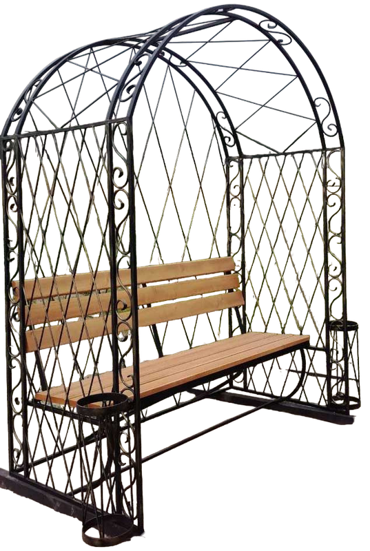 Кованая скамейка садовая с навесом, металлическая скамья с аркой, лавочка для дачи МА-18