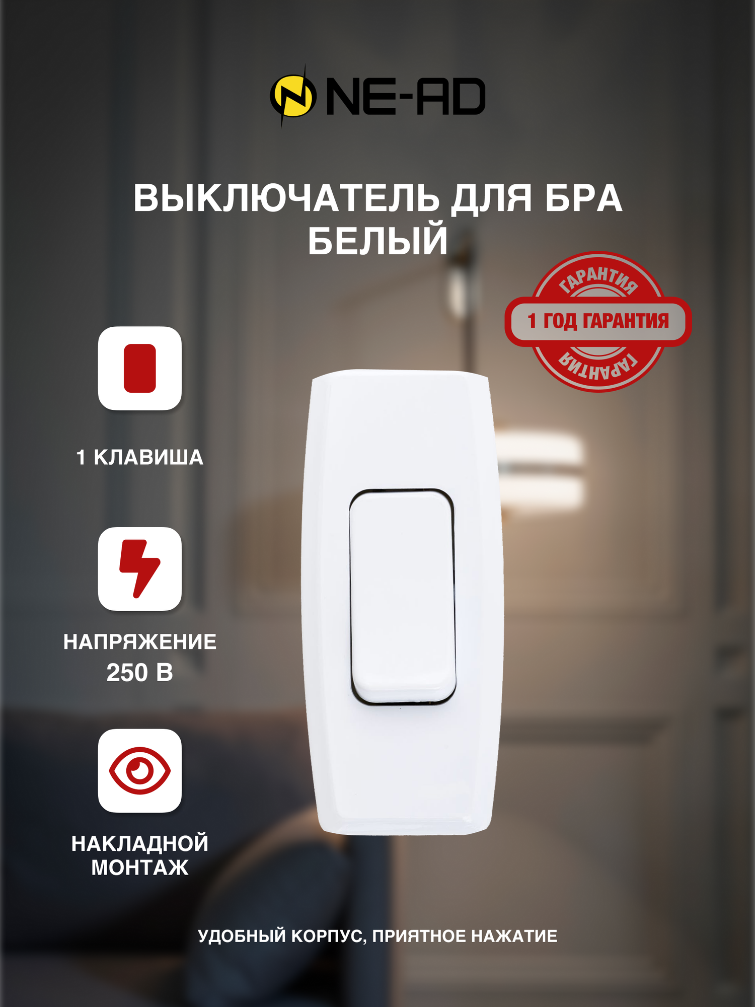 фото Выключатель для бра 10А, 250В, Белый