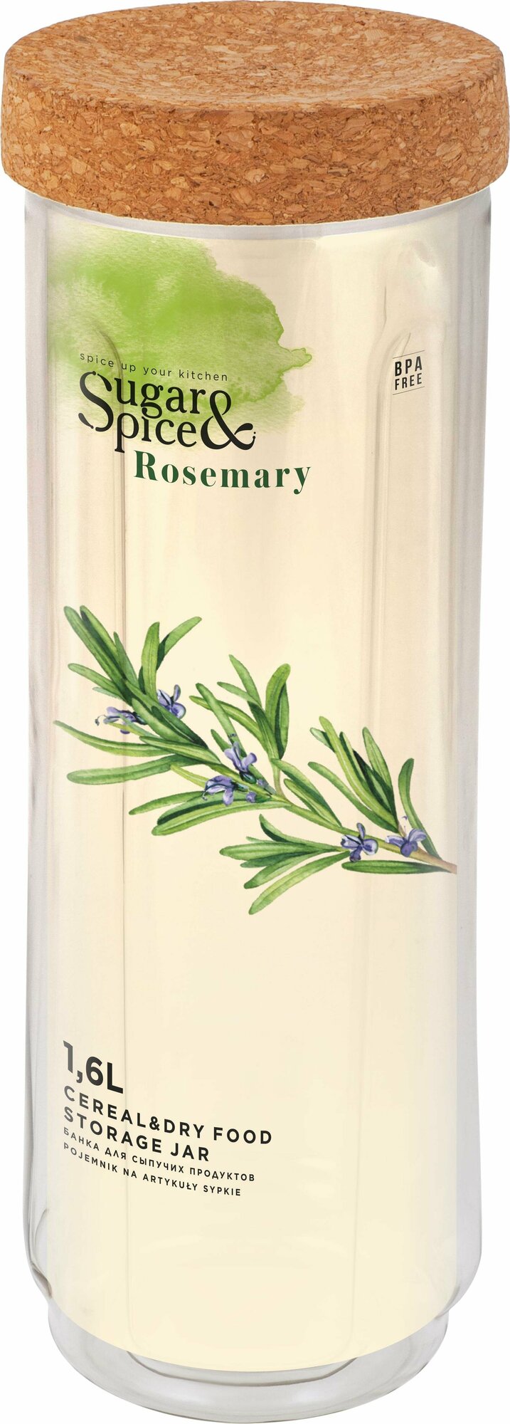 Банка для хранения сыпучих продуктов на кухне Rosemary 1,6л из прозрачного пластика с завинчивающейся пробковой крышкой ЭКО Sugar&Spice