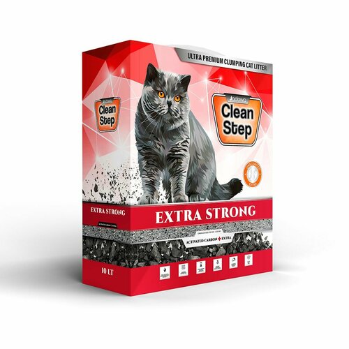 CLEAN STEP Extra Strong with Activated Carbon - комкующийcя наполнитель для кошачьего туалета с повышенным содержанием активированного угля, 10 л