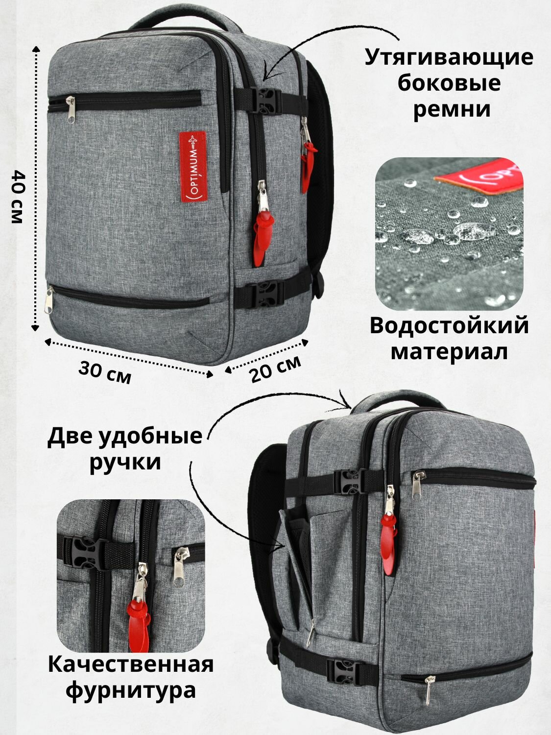 Рюкзак сумка дорожная чемодан ручная кладь 40х30х20 в самолет, серый - фотография № 4