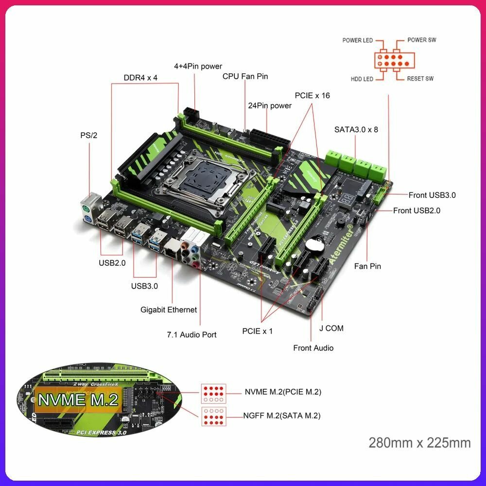 Материнская плата 2011-3 Atermiter X99 ZX-99 EV3 (X99 B85 4DDR4 4CH 2x PCI-Ex16 3xPCI-Ex1 M2 NVME SATA USB 30 GBLAN ATX)