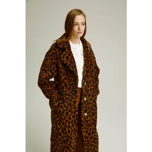 фото Пальто edge, овчина, силуэт свободный, карманы, пояс/ремень, размер 42, коричневый