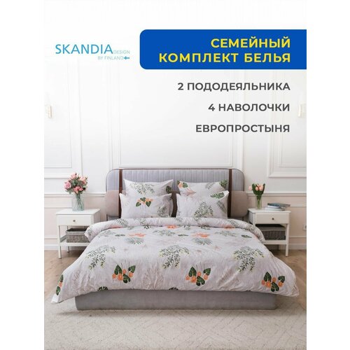 Комплект постельного белья SKANDIA design by Finland Семейный Дуэт 2 пододеяльника Микро Сатин, 4 наволочки, X124 Зеленые крупные листья драцена