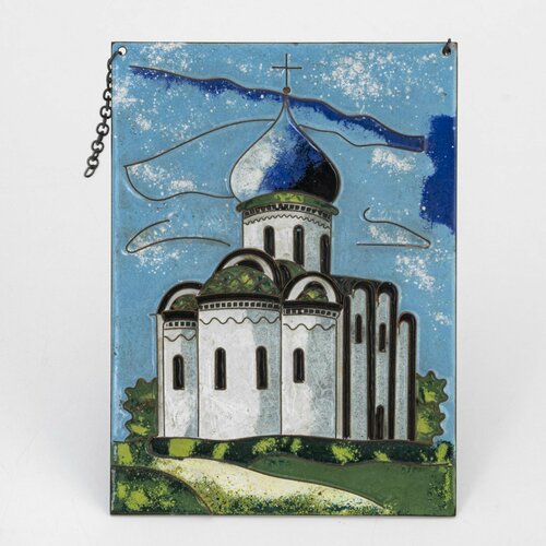 Панно декоративное настенное с изображением однокупольного храма медь эмаль 8580₽