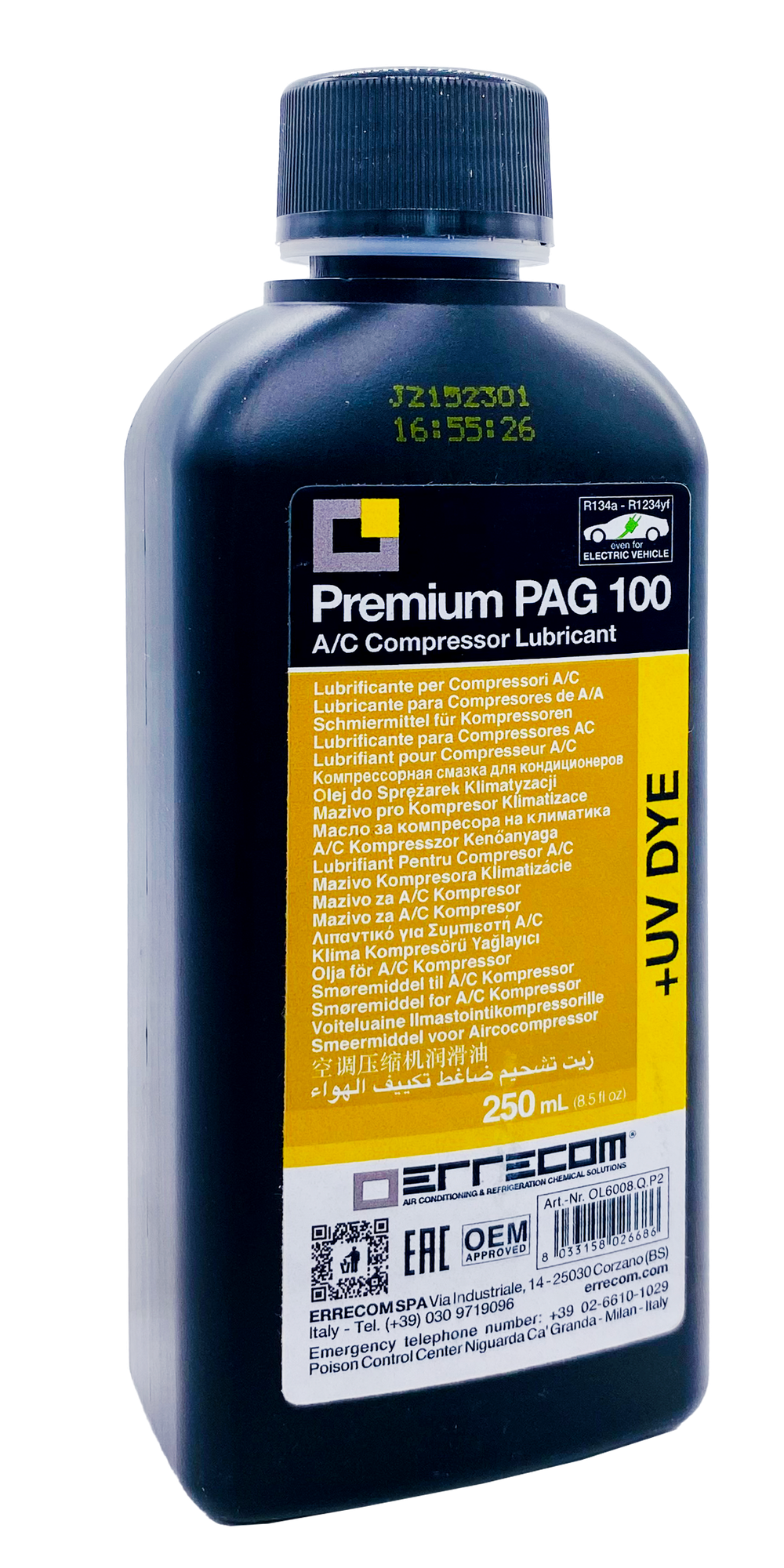 Масло компрессорное PREMIUM PAG 100 ERRECOM с у/ф красителем для автомобильных кондиционеров 250 мл