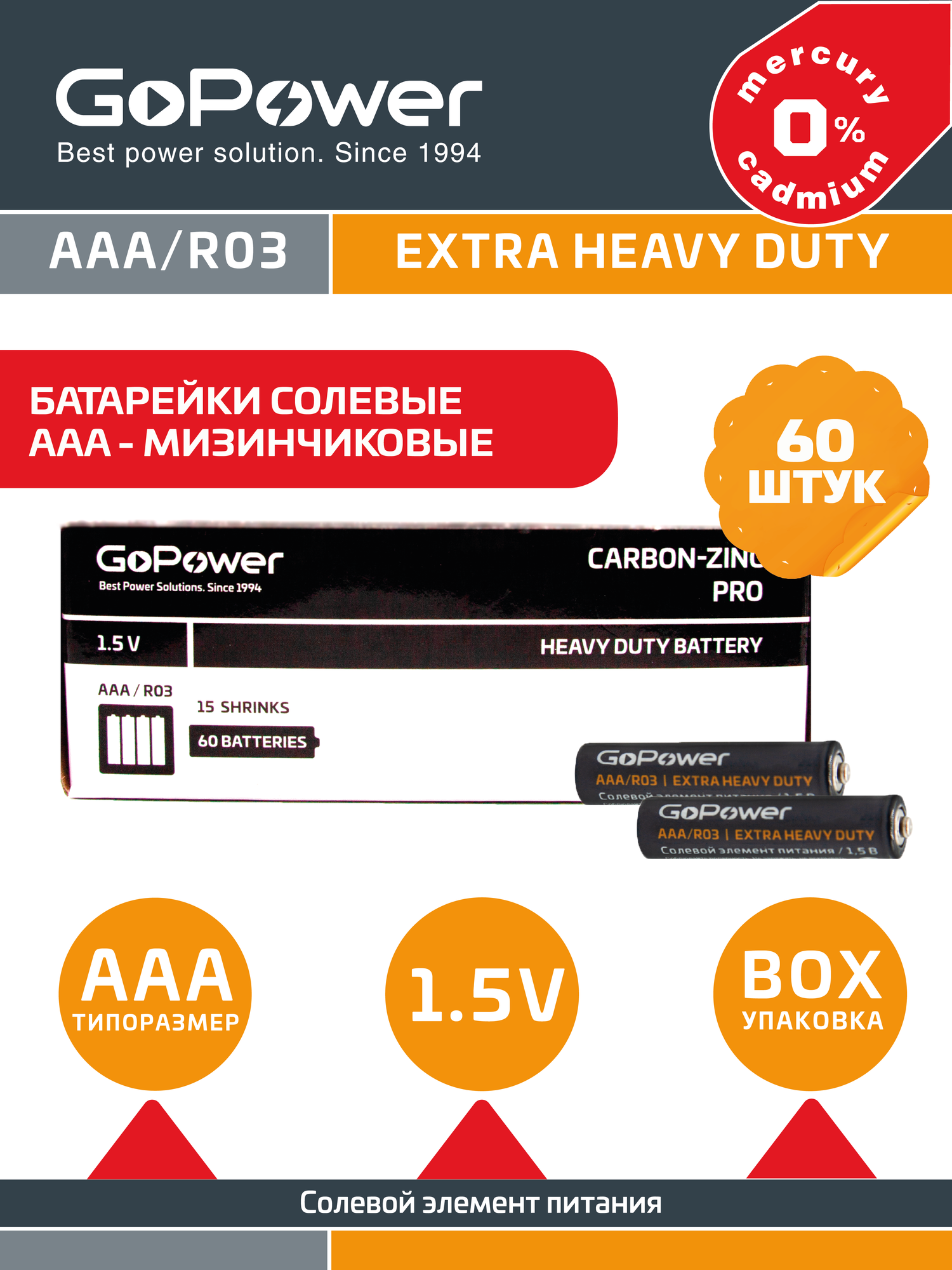 Батарейка GoPower R03 AAA Shrink 4 Heavy Duty 1.5V упаковка - 60 шт. — фото 1