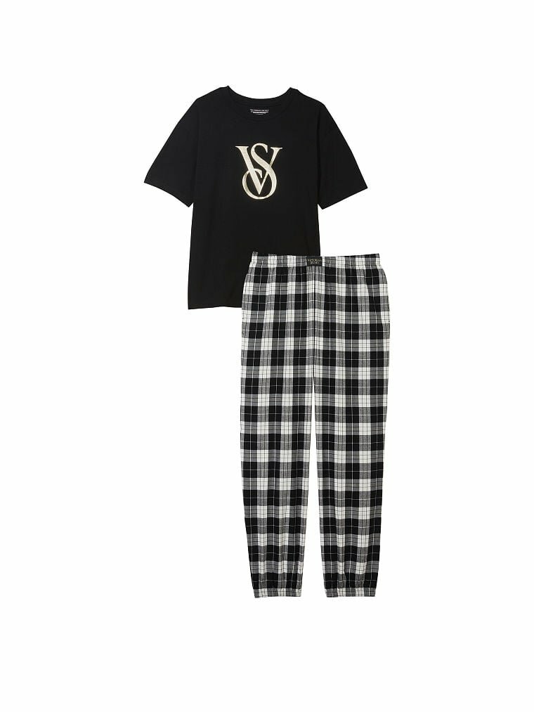 Пижама Victoria's Secret М черная футболка и брюки в клетку - фотография № 3