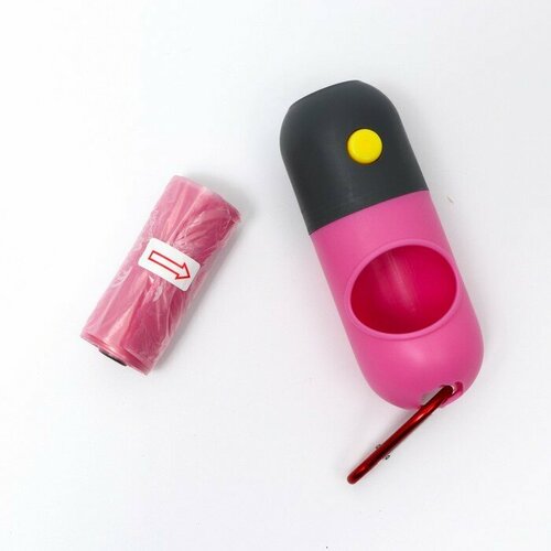 Пушистое счастье Контейнер с фонариком, пакеты для уборки за собаками (рулон 15 шт), розовый