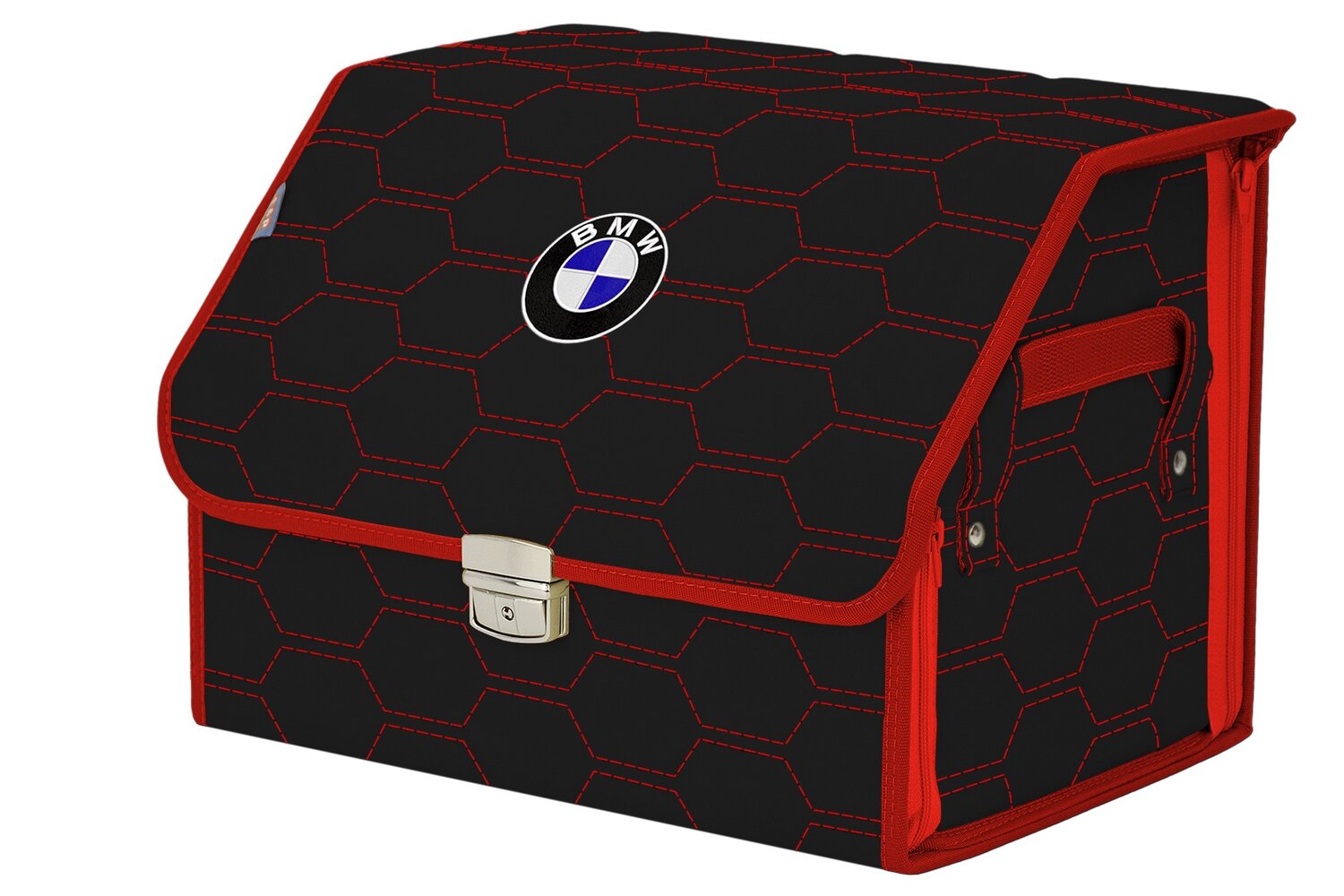 Органайзер-саквояж в багажник "Союз Премиум" (размер M). Цвет: черный с красной прострочкой Соты и вышивкой BMW (БМВ).