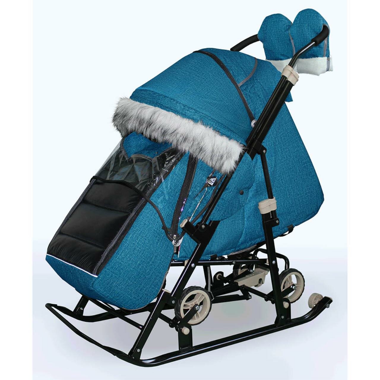 Санки-коляска SNOW GALAXY Glory Gloss бирюзовый лён на больших колесах+сумка+варежки
