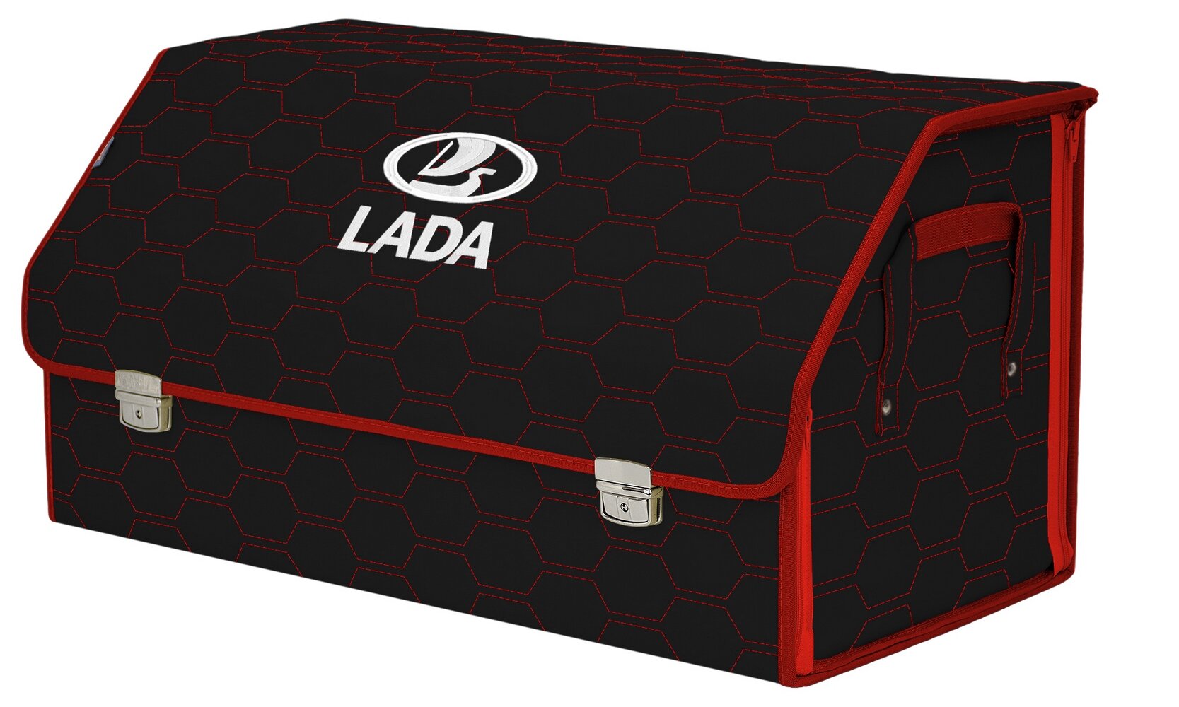 Органайзер-саквояж в багажник "Союз Премиум" (размер XL Plus). Цвет: черный с красной прострочкой Соты и вышивкой LADA (лада).